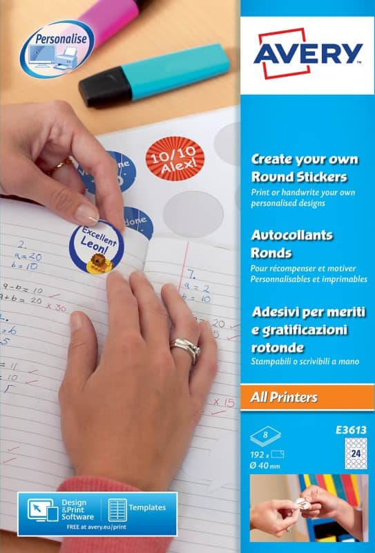 Avery E3613 Round Reward Stickers Self Adhesive 40 mm White 8 Sheets of 24 Labels