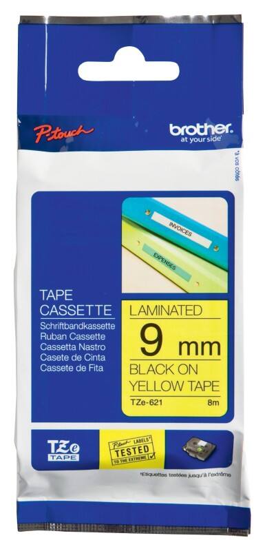 Brother P-touch Labelling Tape Authentic TZe-621 Adhesive Black on Yellow 9 mm x 8 m