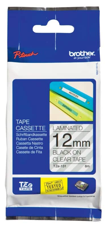 Brother P-touch Labelling Tape Authentic TZe-131 Adhesive Black on Transparent 12 mm x 8 m