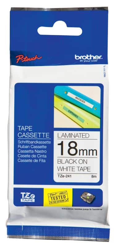 Brother P-touch Labelling Tape Authentic TZe-241 Adhesive Black on White 18 mm x 8 m