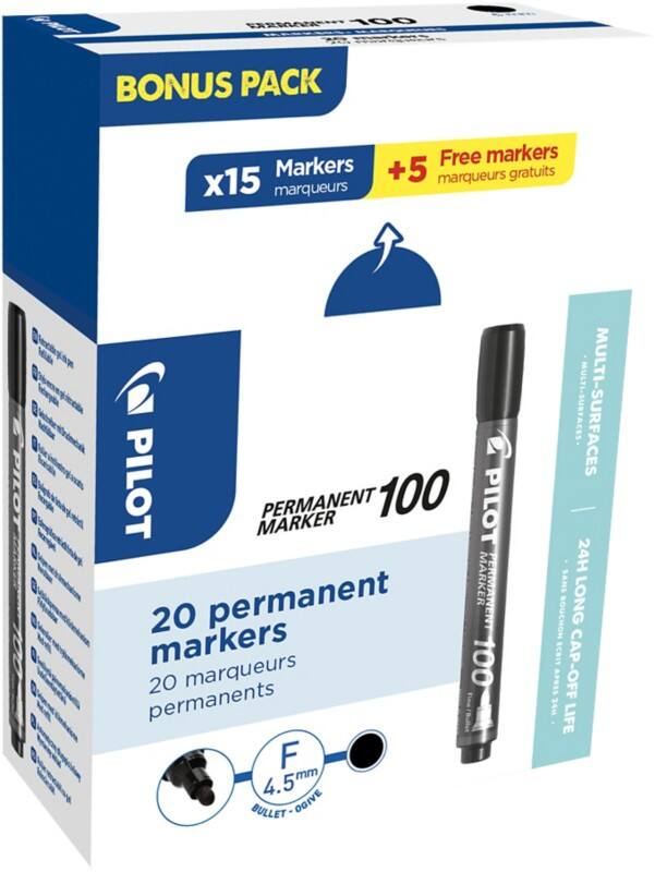 Pilot 100 Permanent Marker  Fine Bullet  - 1 mm Black Pack of 20