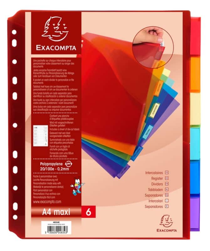 Exacompta Tabbed Pockets A4+ 200 Micron Assorted Pack of 6