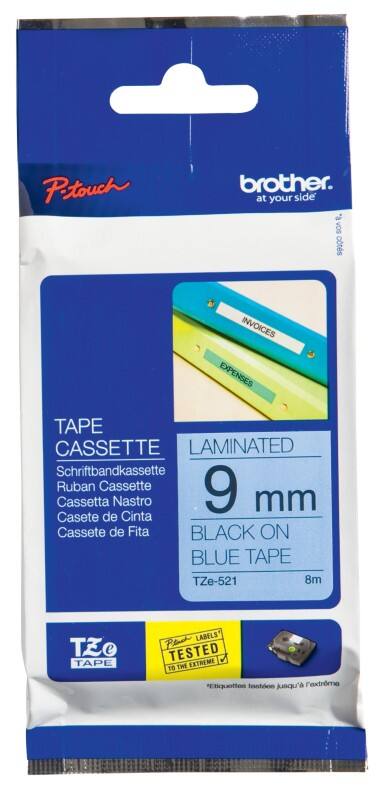 Brother TZE-521 Labelling Tape Adhesive Black on Blue 9 mm (W) x 8 m (L)