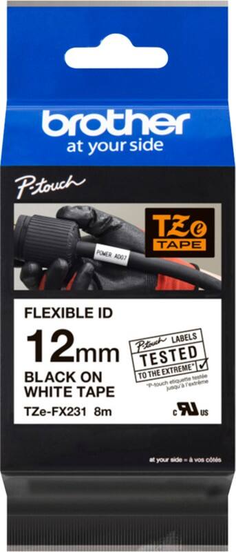 Brother TZEFX231 P-Touch Labelling Tape Authentic Adhesive Black on White 12 mm x 8 m