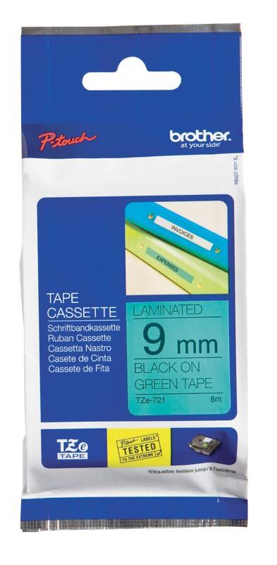 Brother TZE-721  Labelling Tape Adhesive Black on Green 9 mm (W) x 8 m (L)