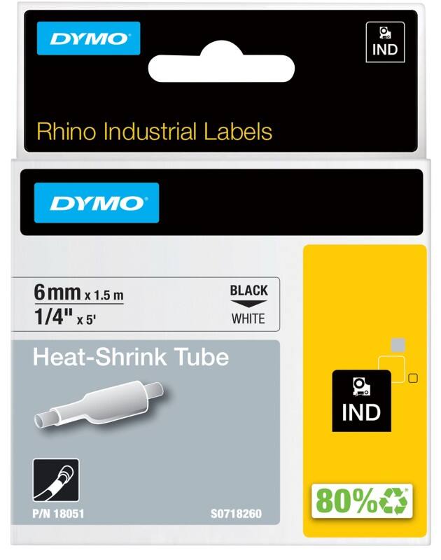 DYMO IND 18489 Industrial Heat Shrink Tube Self Adhesive Black on White 6 mm (W) x 1.5 m (L) 1  of 1.5 m