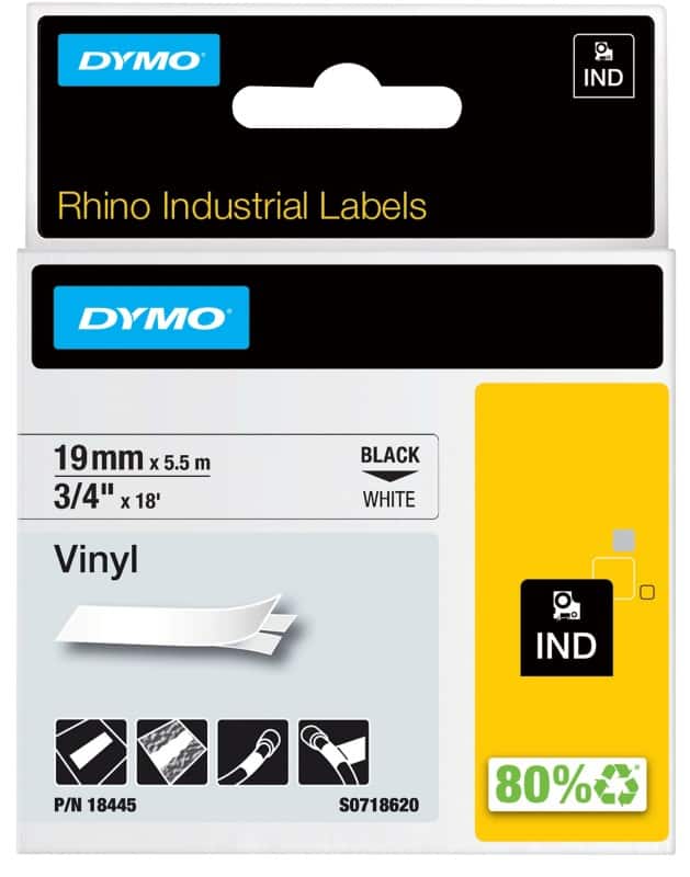 Dymo IND S0718620 / 18445 Authentic Rhino Vinyl Label Tape Self Adhesive Black Print on White 19 mm x 5.5m