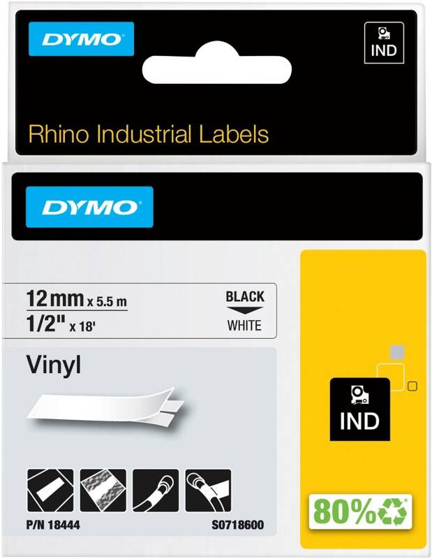 Dymo IND S0718600 / 18444 Authentic Rhino Vinyl Label Tape Self Adhesive Black Print on White 12 mm x 5.5m