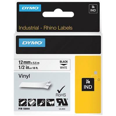 Dymo IND S0718600 / 18444 Authentic Rhino Vinyl Label Tape Self Adhesive Black Print on White 12 mm x 5.5m