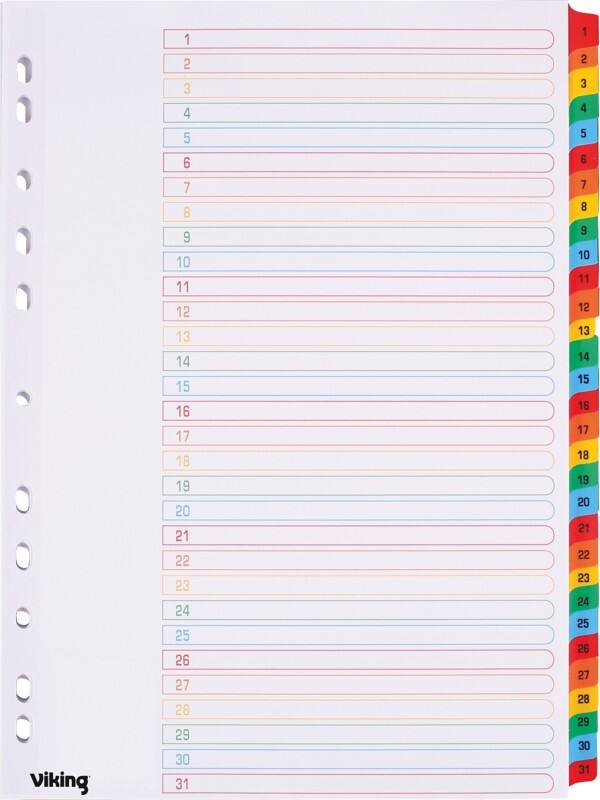 Viking Mylar 1 to 31 Numerical Dividers A4 White 31 Part Cardboard 11 Holes 31 Sheets