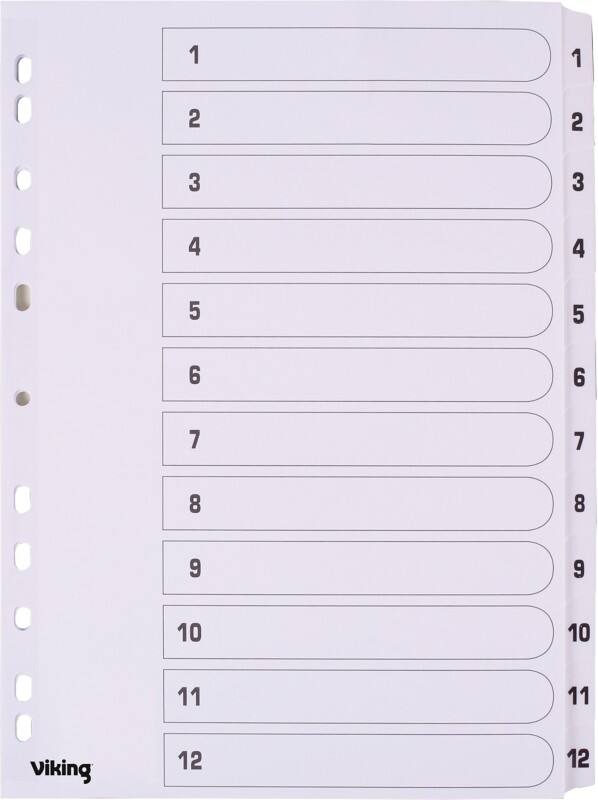 Viking Mylar 1 to 12 Numerical Dividers A4 White 12 Part Cardboard 11 Holes
