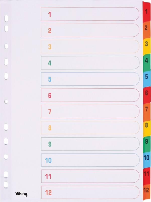 Viking Mylar 1 to 12 Numerical Dividers A4 Assorted 12 Part Cardboard 11 Holes