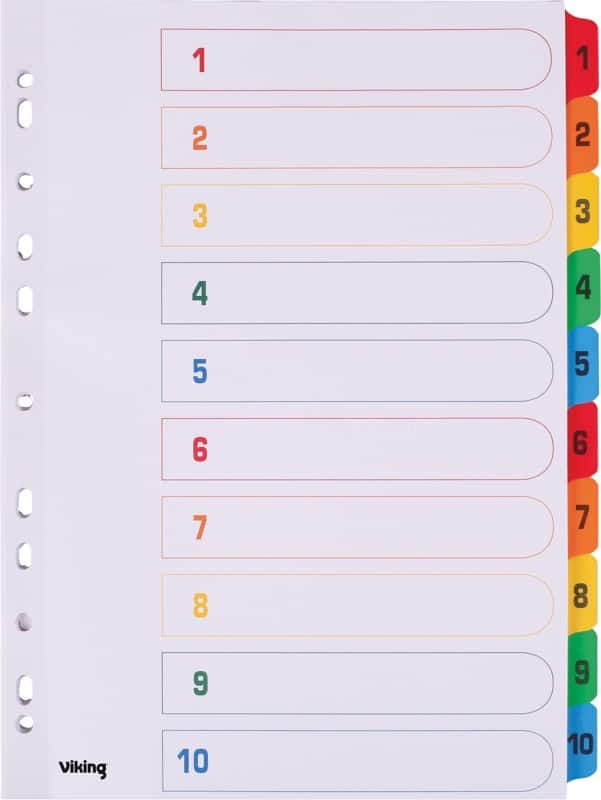 Viking Mylar 1 to 10 Numerical Dividers A4 Assorted 10 Part Cardboard 11 Holes