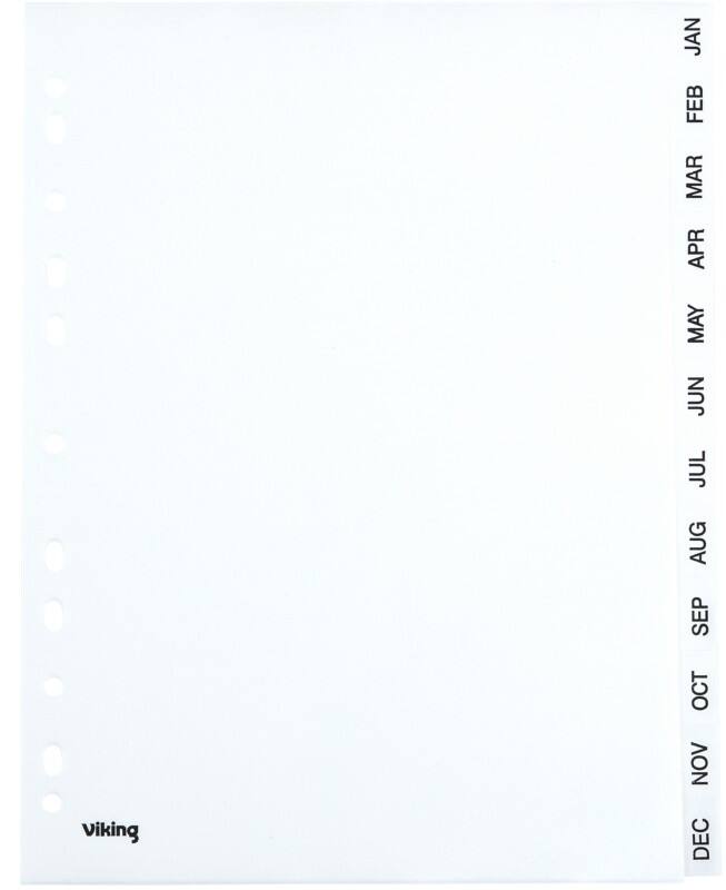 Viking Jan - Dec Alphabetical Dividers  A4 White 12 Part PP (Polypropylene) 11 Holes 400195042