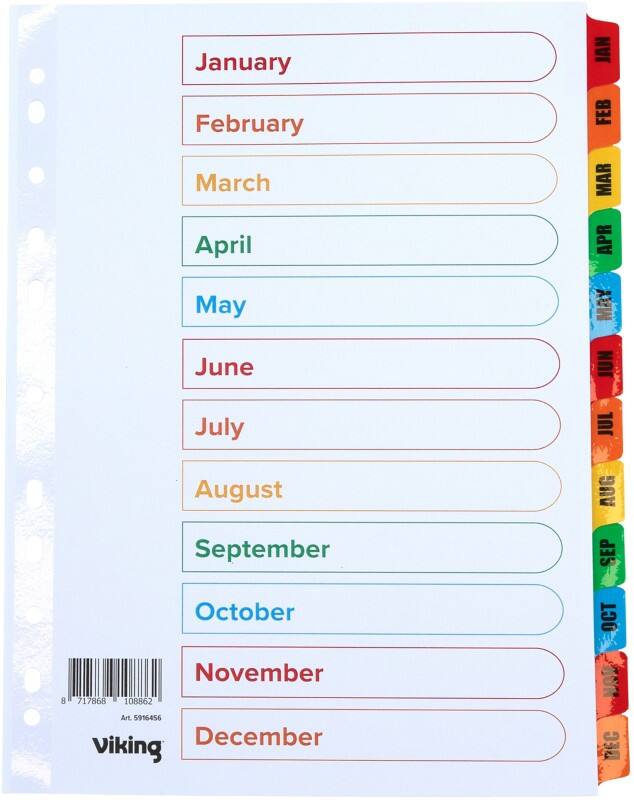 Viking Mylar Jan - Dec Alphabetical Dividers A4 Assorted 12 Part Cardboard 11 Holes Mylar