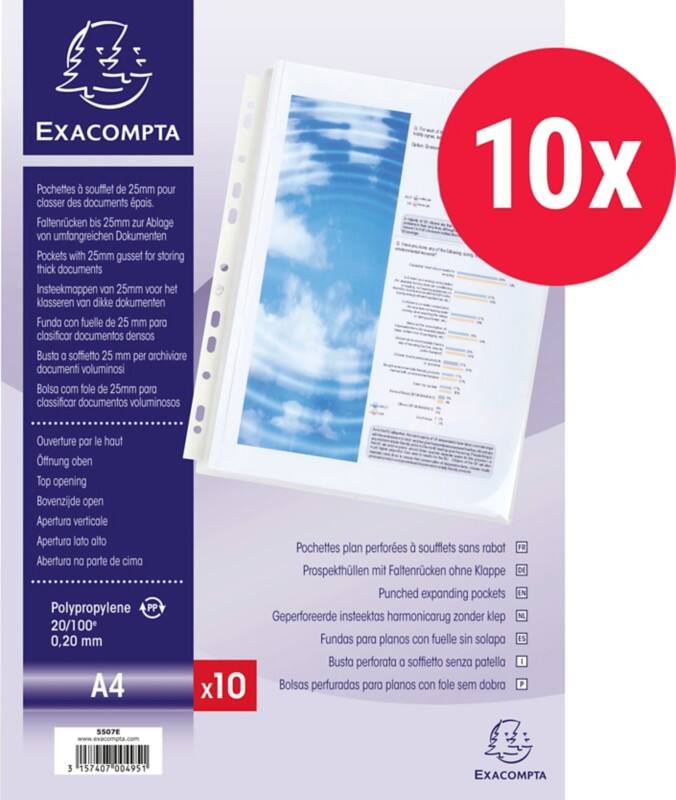 Exacompta Punched Pockets  A4 Clear Transparent 200 microns PP (Polypropylene) Top Opening 11 Holes 5507E Pack of 10