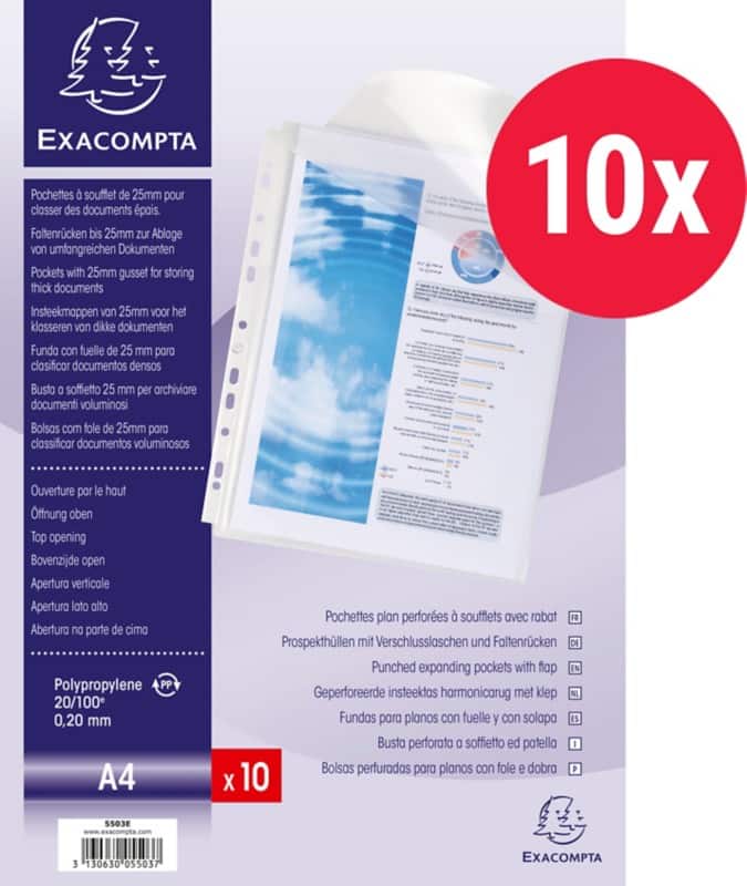 Exacompta Punched Pockets 5503E A4 Polypropylene 23 (W) x 30.5 (H) cm Transparent Pack of 10
