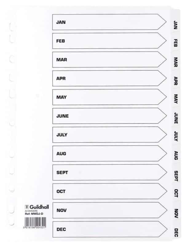 Guildhall Jan - Dec Alphabetical Dividers A4 White 12 Part Cardboard 11 Holes MWDJ-DZ