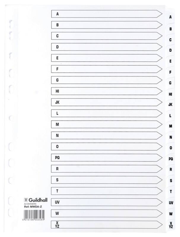 Guildhall A - Z Alphabetical Dividers A4 White 20 Part Cardboard 11 Holes MWDA-ZZ