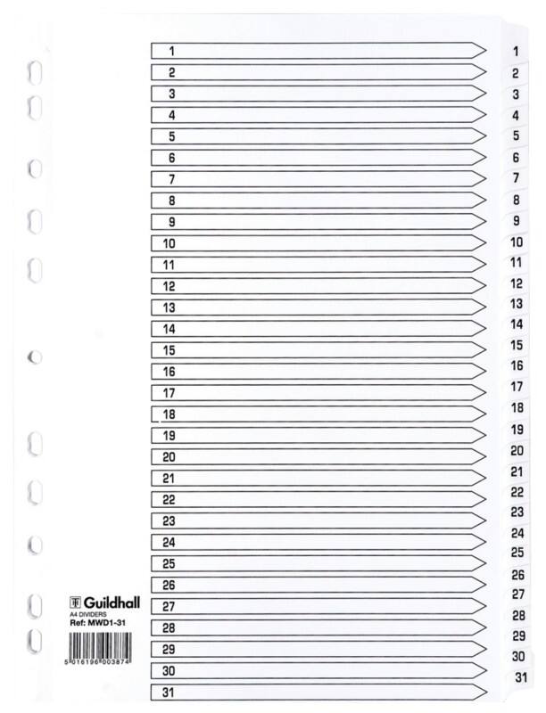Guildhall 1 to 31 Numerical Dividers A4 White 31 Part Cardboard 11 Holes MWD1-31Z