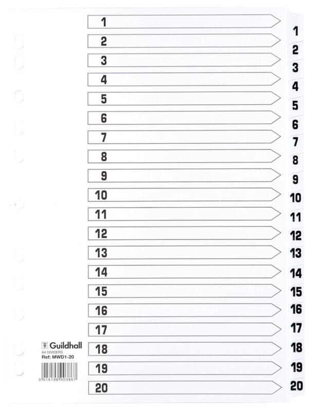 Guildhall 1 to 20 Numerical Dividers A4 White 20 Part Cardboard 11 Holes MWD1-20Z