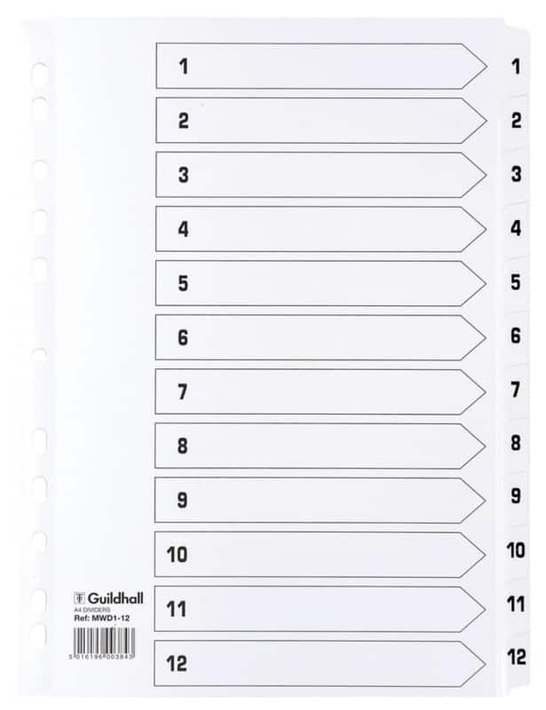Guildhall 1 to 12 Numerical Dividers A4 White 12 Part Cardboard 11 Holes MWD1-12Z