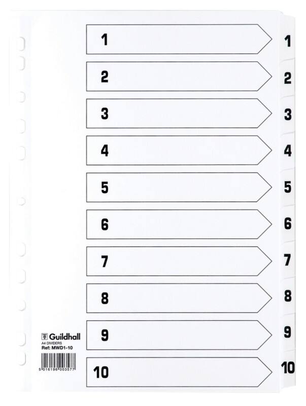 Guildhall 1 to 10 Numerical Dividers A4 White 10 Part Cardboard 11 Holes MWD1-10Z