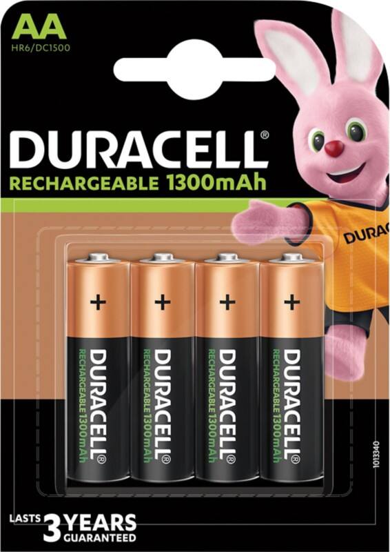 Duracell Rechargeable Battery StayCharged AA HR6 1300 mAh Nickel Metal Hydride (NiMH) 1 V Pack of 4