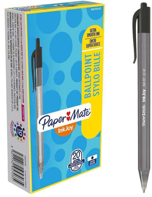 Papermate InkJoy 100 RT InkJoy 100 RT Retractable Ballpoint Pen Black 0.8 mm Medium Ballpoint Non Refillable Pack of 20