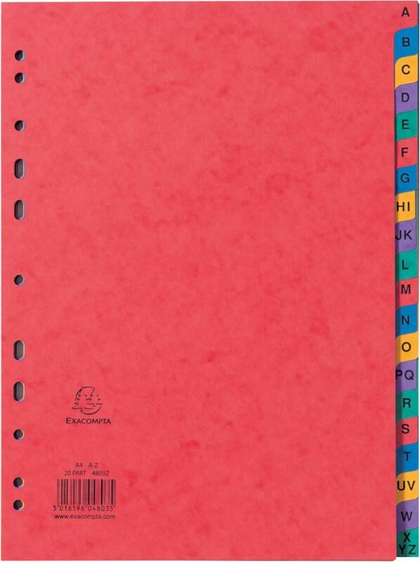 Europa A - Z Alphabetical Dividers A4 Assorted 20 Part Cardboard 11 Holes 4803Z