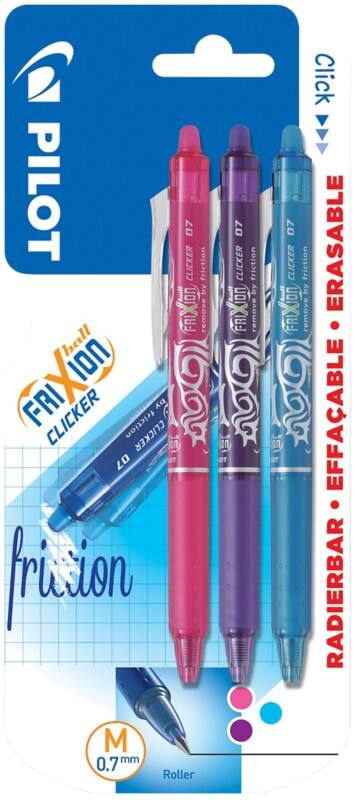 Pilot Frixion Clicker Retractable Rollerball Pen Assorted 0.35 mm Medium Refillable Pack of 3