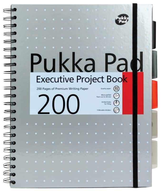 Pukka Pad Project Book Metallic Executive A4+ Ruled Spiral Bound Cardboard Hardback Grey Perforated 200 Pages Pack of 3