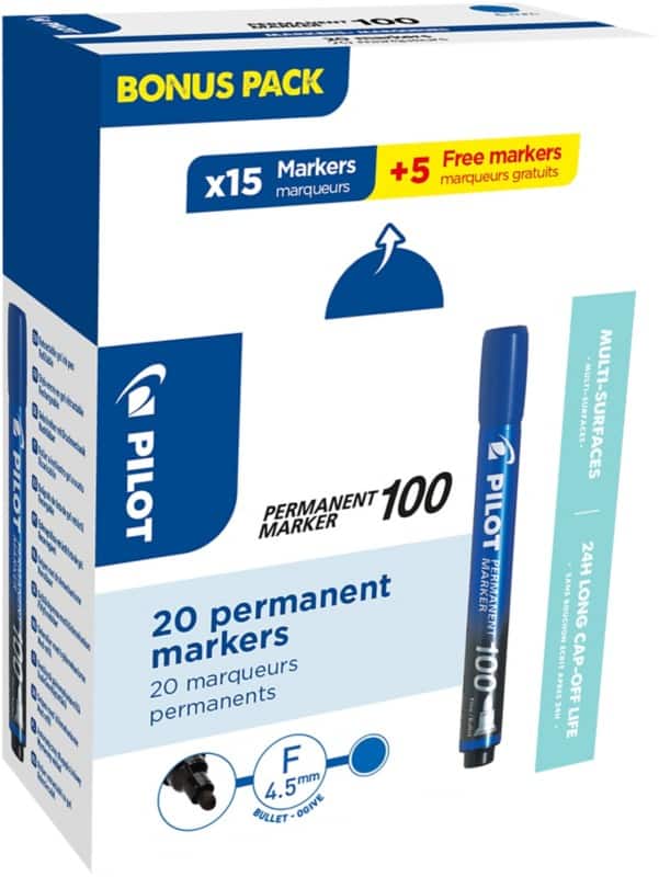 Pilot 100 Permanent Marker  Fine Bullet  - 1 mm Blue Pack of 20