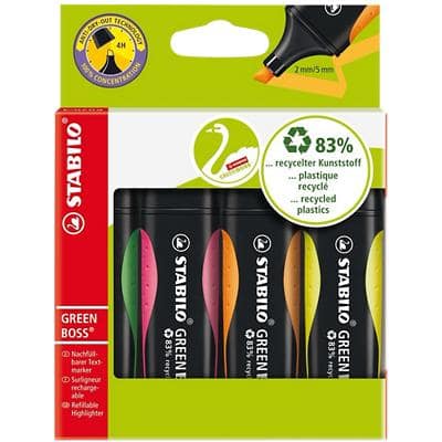 STABILO GREEN BOSS 6070/4 Highlighter Assorted 83% Recycled Medium Chisel 2+5 mm Refillable Pack of 4