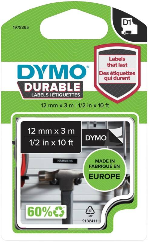 Dymo D1 1978365 Authentic Durable Label Tape Self Adhesive White Print on Black 12 mm x 3m