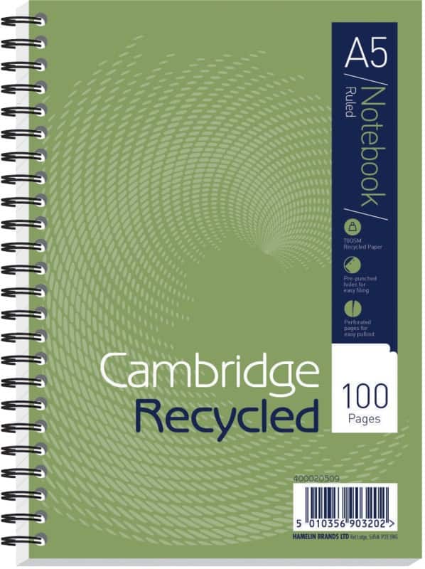 Cambridge Notebook A5 Ruled Spiral Bound Cardboard Hardback Green Perforated 100 Pages 50 Sheets Pack of 5