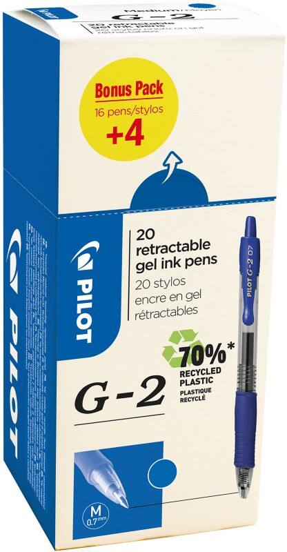 Pilot G2 Retractable Rollerball Pen Blue 0.4 mm Medium Conical Refillable 70% Recycled Pack of 20