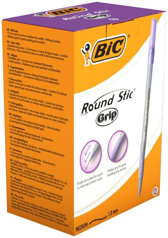 BIC Round Stic Grip Round Stic Grip Ballpoint Pen Purple 0.4 mm Medium Ballpoint Pack of 40