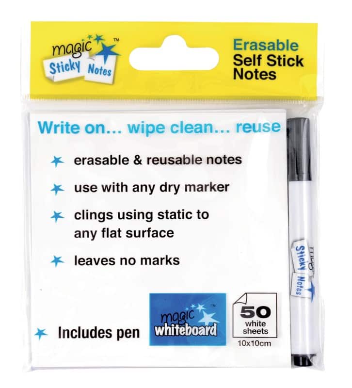 Magic White board white sticky notes 10 x 10cm with pen pack 50