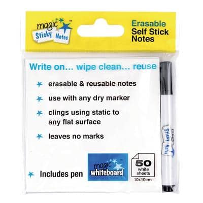 Magic White board white sticky notes 10 x 10cm with pen pack 50