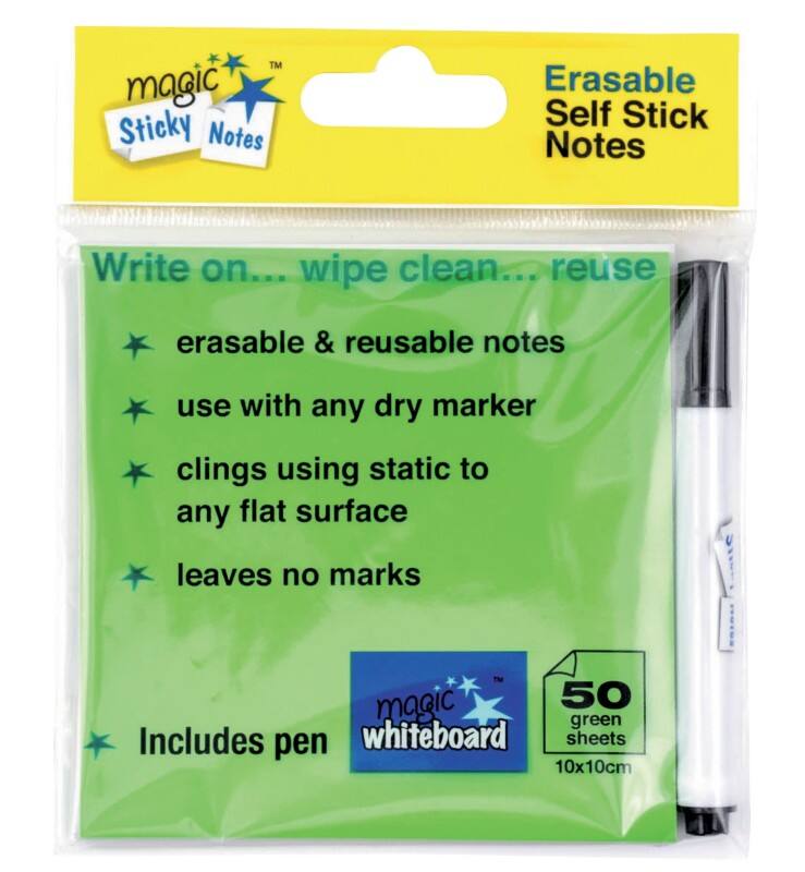 Magic White board green sticky notes 10 x 10cm with pen pack 50