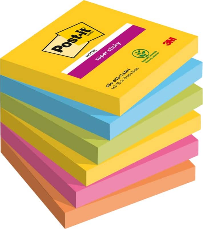 Post-it Carnival Super Sticky Notes 76 x 76 mm Assorted Colours Square 6 Pads of 90 Sheets