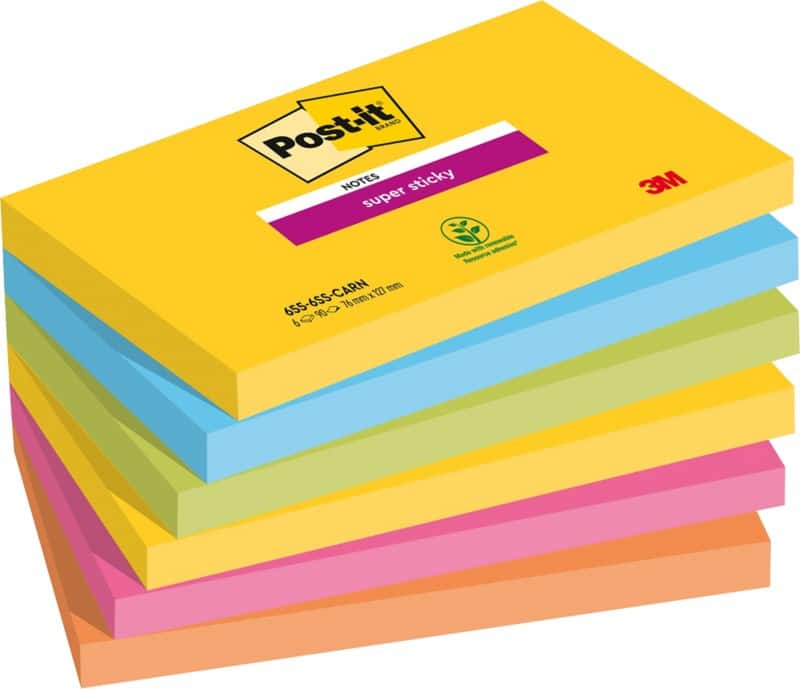 Post-it Carnival Super Sticky Notes 127 x 76 mm Assorted Colours Rectangular 6 Pads of 90 Sheets