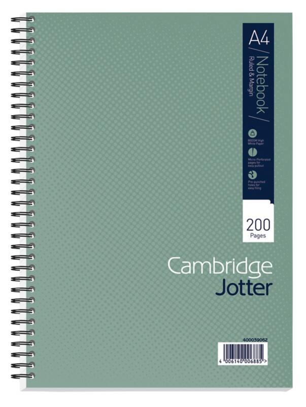 Cambridge Notebook Jotter A4 Ruled Spiral Bound Cardboard Hardback Green Perforated 200 Pages 100 Sheets