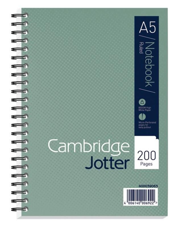 Cambridge Notebook Jotter A5 Ruled Spiral Bound Cardboard Hardback Green Perforated 200 Pages 100 Sheets