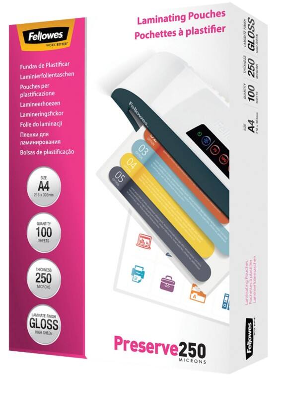 Fellowes Laminating Pouches A4 Glossy 250 microns (2 x 250) Transparent Pack of 100