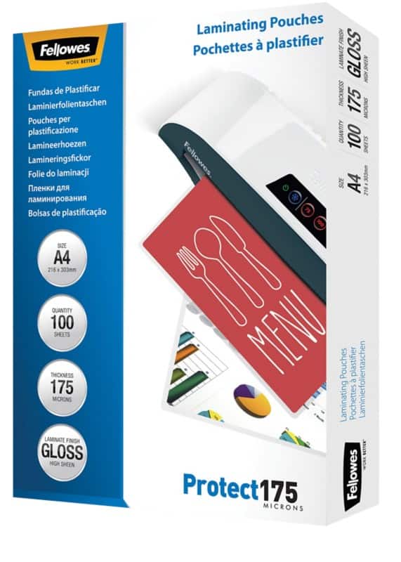 Fellowes Protect Laminating Pouches A4 Glossy 175 microns (2 x 175) Transparent Pack of 100