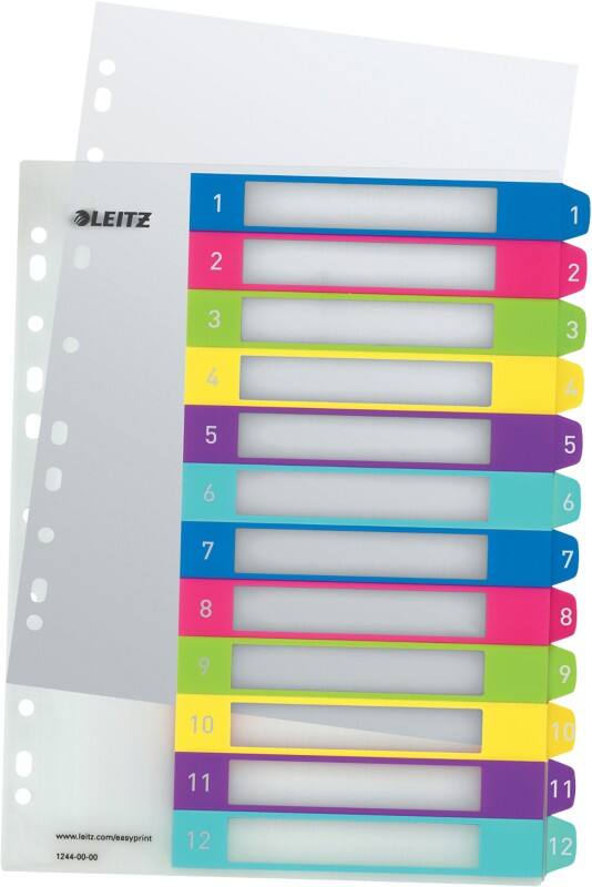 Leitz WOW PC Printable Indices 1244 A4 Maxi Multicolour 12 Part Perforated Polypropylene 1 to 12