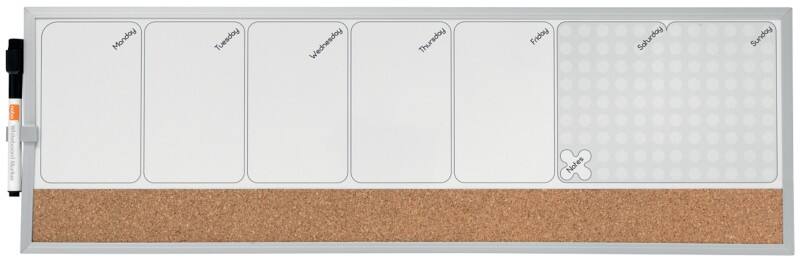 Nobo small wall mountable magnetic whiteboard weekly planner 1903780 lacquered steel, cork 585 x 190 mm white, brown