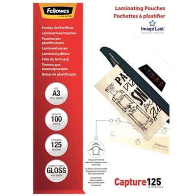Fellowes ImageLast Capture Laminating Pouch A3 Glossy 125 microns (2 x 125) Transparent Pack of 100